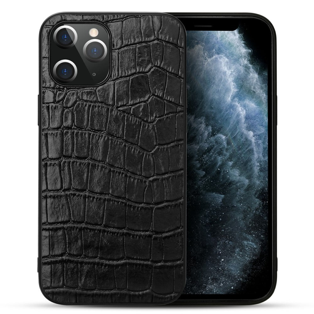 Силиконов, черен калъф - гръб от естествена кожа за iPhone 12 / iPhone 12 Pro