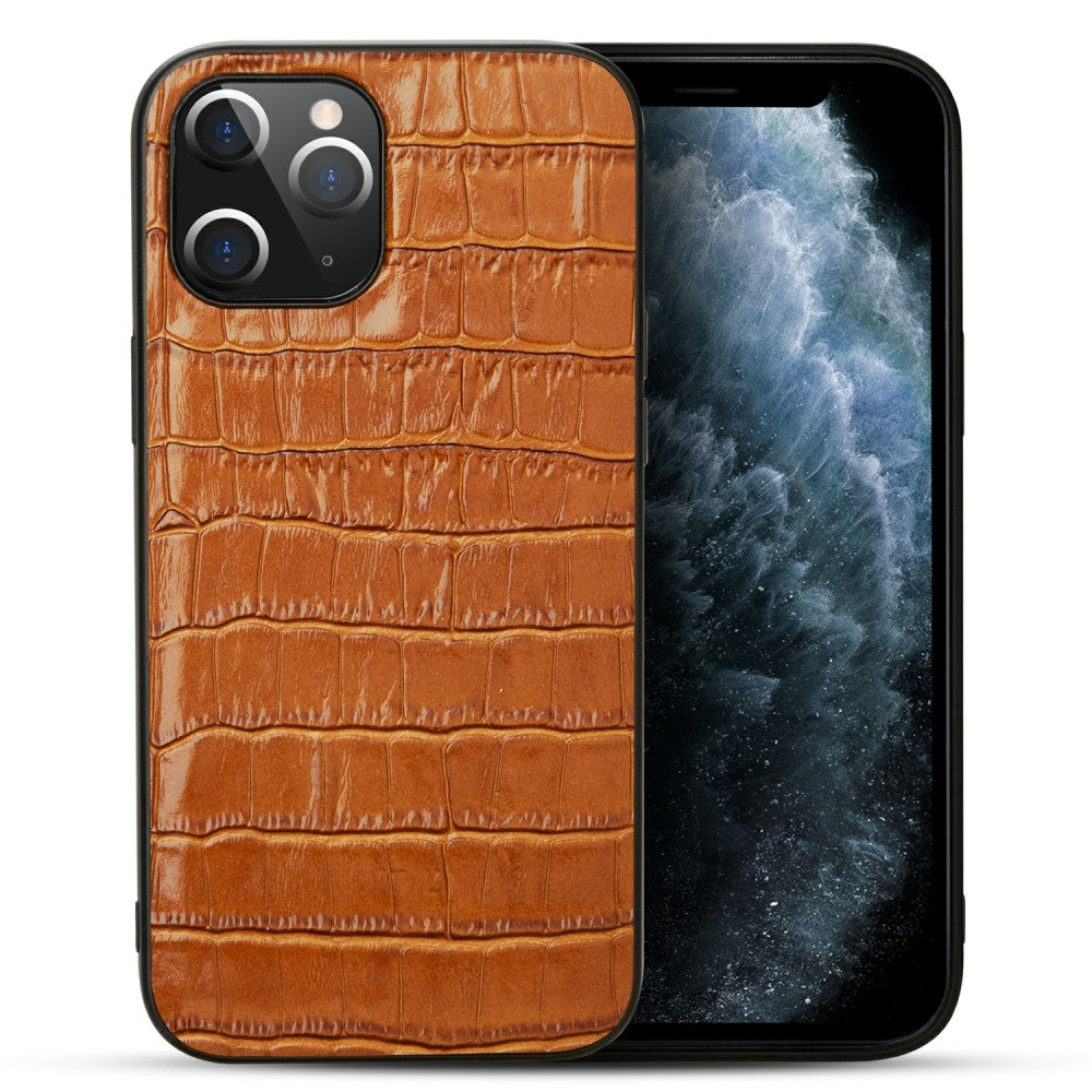 Силиконов, кафяв калъф - гръб от естествена кожа за iPhone 12 / iPhone 12 Pro