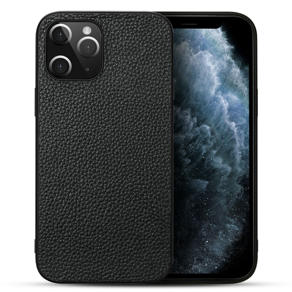 Силиконов, черен калъф - гръб от естествена кожа за iPhone 12 Pro Max