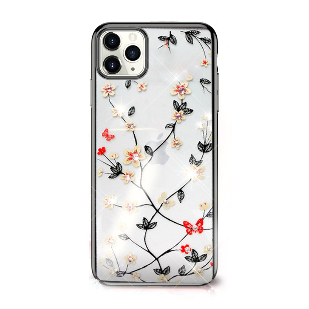 Силиконов, черен калъф - цветя, камъчета за iPhone 12 / iPhone 12 Pro