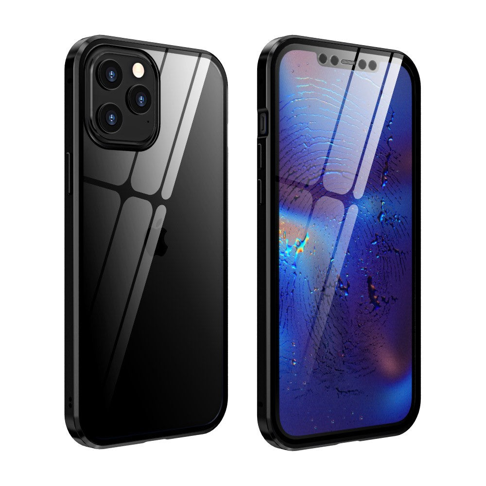Метален, черен кейс, 3 в 1, с предно и задно стъкло за iPhone 12 Pro Max
