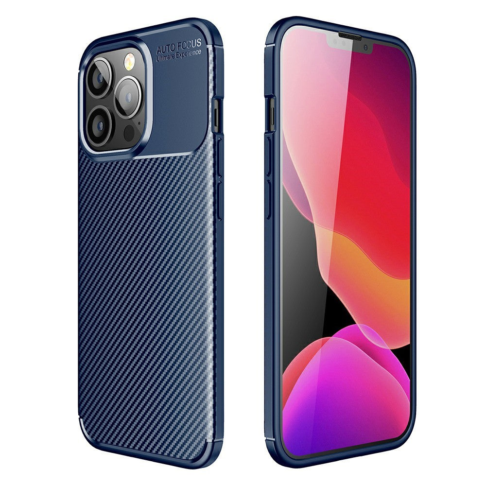 Силиконов, син калъф - карбонов десен, тънък за iPhone 13 Pro