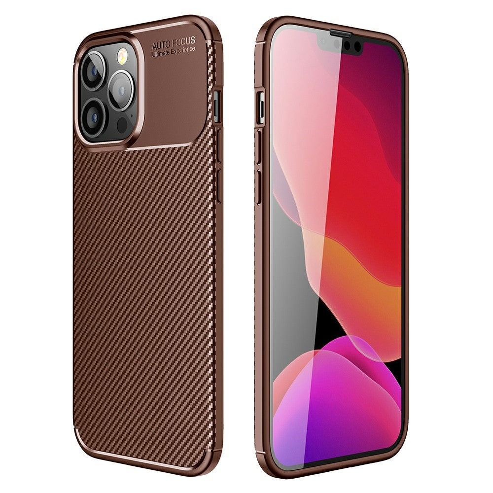 Силиконов, кафяв калъф - карбонов десен, тънък за iPhone 13 Pro Max