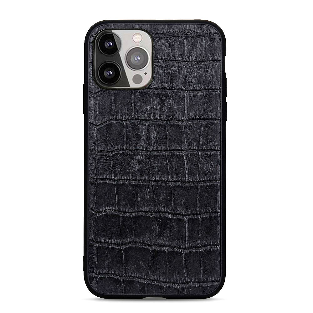 Силиконов, черен калъф - гръб от естествена кожа за iPhone 13 Pro Max