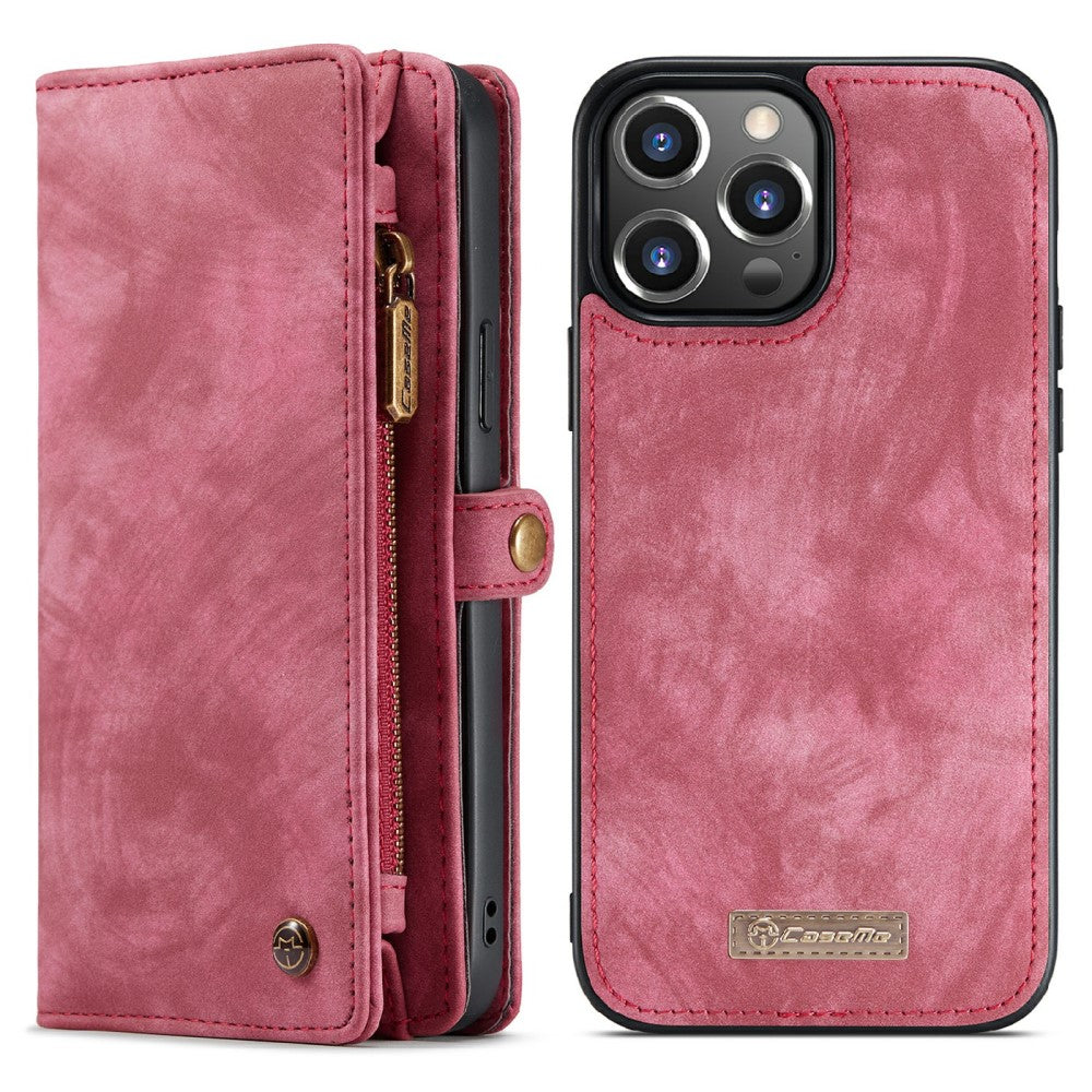 Кожен, розов калъф и портмоне - 2 в 1, естествена кожа за iPhone 13 Pro Max