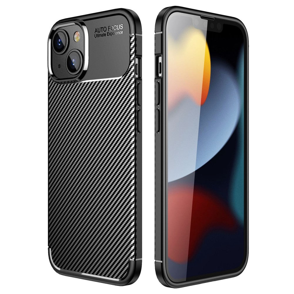 Силиконов, черен калъф - карбонов десен, тънък за iPhone 14