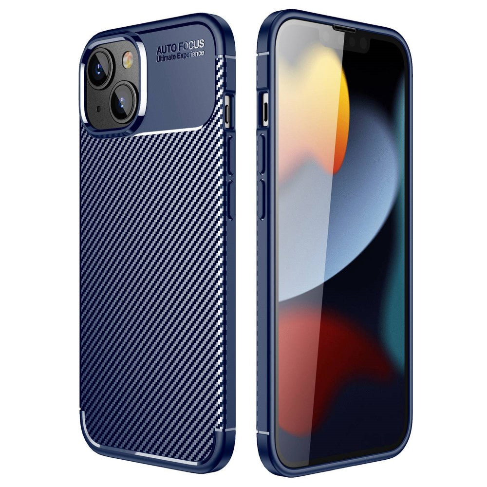 Силиконов, син калъф - карбонов десен, тънък за iPhone 14