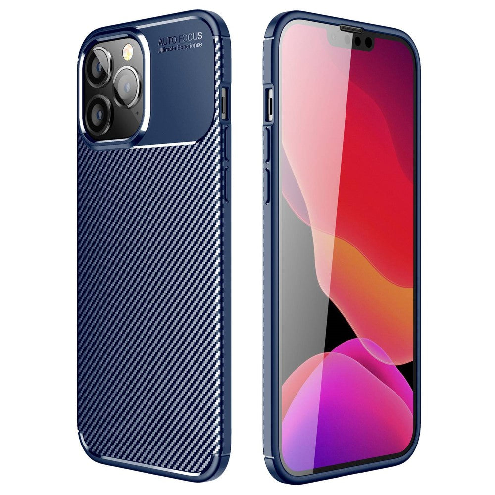 Силиконов, син калъф - карбонов десен, тънък за iPhone 14 Pro