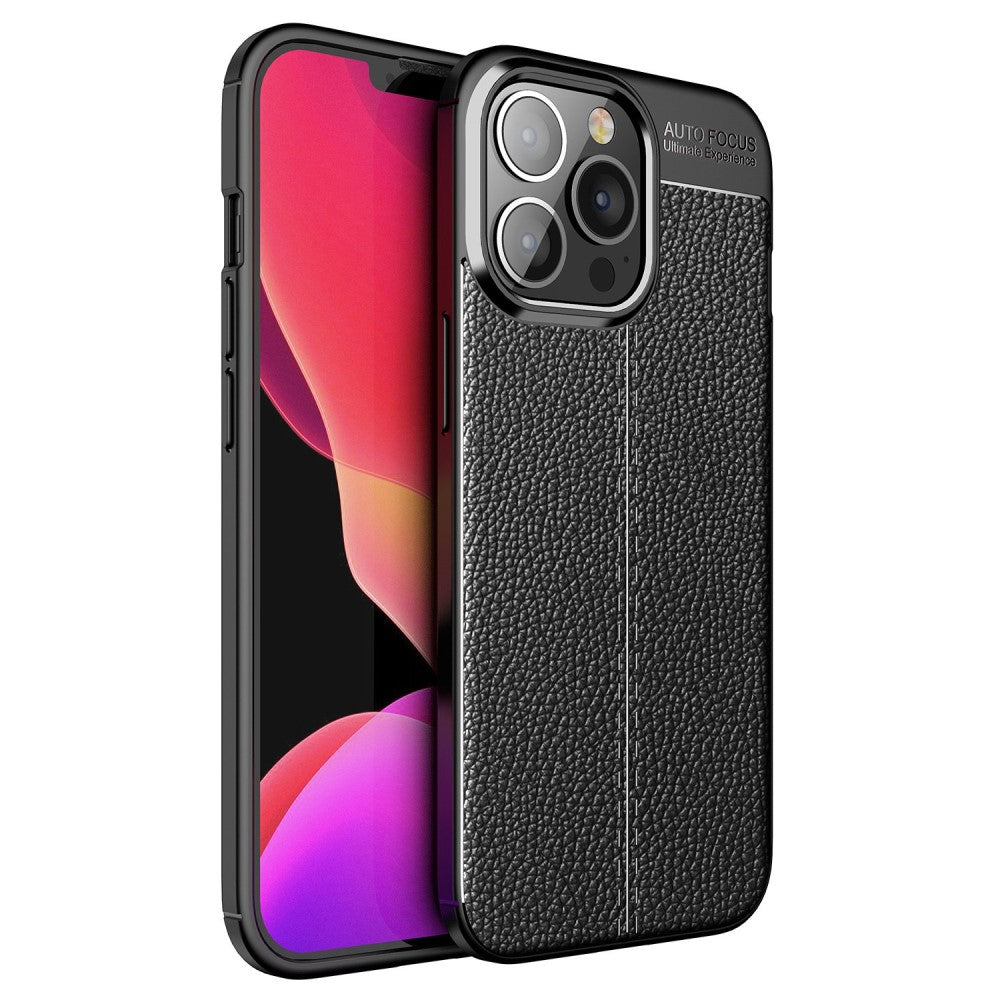 Силиконов, черен калъф, с текстура - кожа за iPhone 14 Pro Max