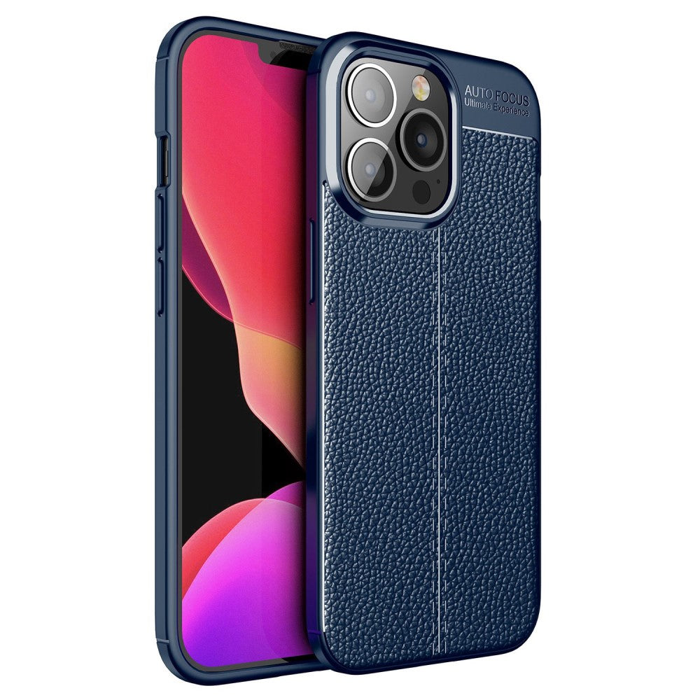Силиконов, син калъф, с текстура - кожа за iPhone 14 Pro Max