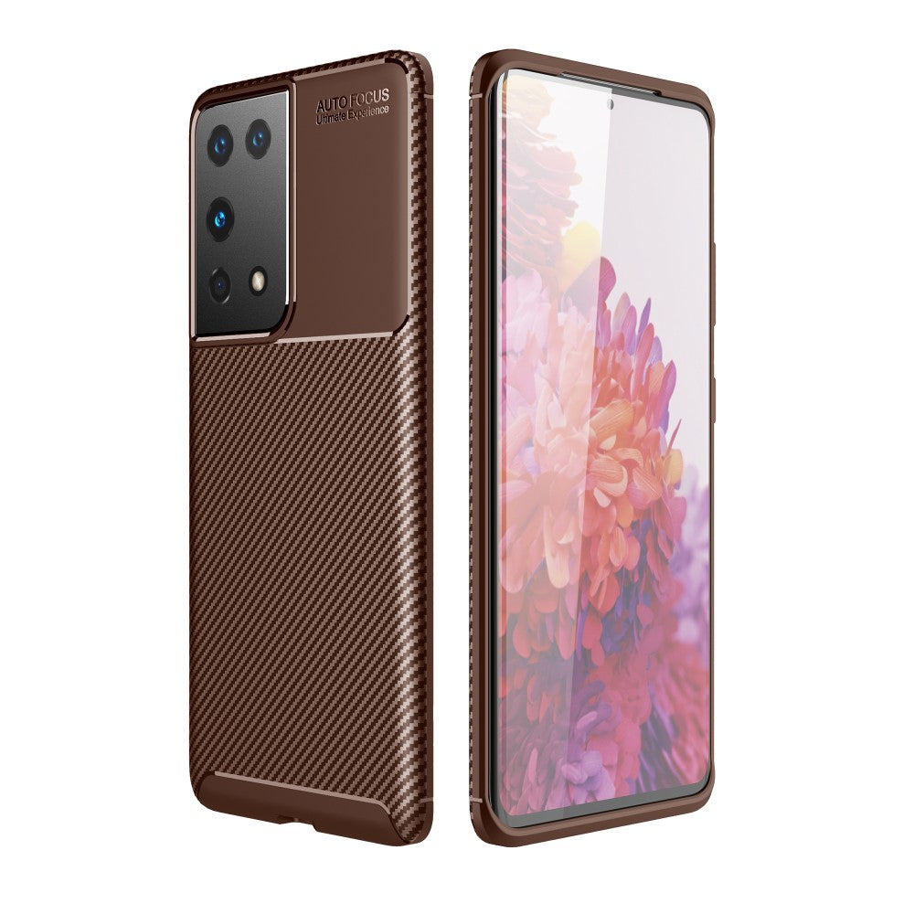 Силиконов, кафяв калъф - карбонов десен, тънък за Samsung Galaxy S21 Ultra