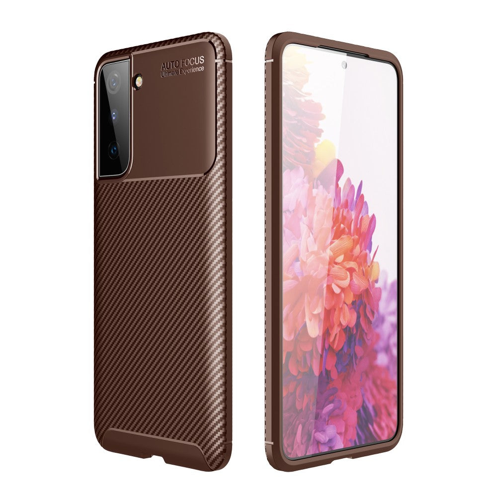 Силиконов, кафяв калъф - карбонов десен, тънък за Samsung Galaxy S21 Plus