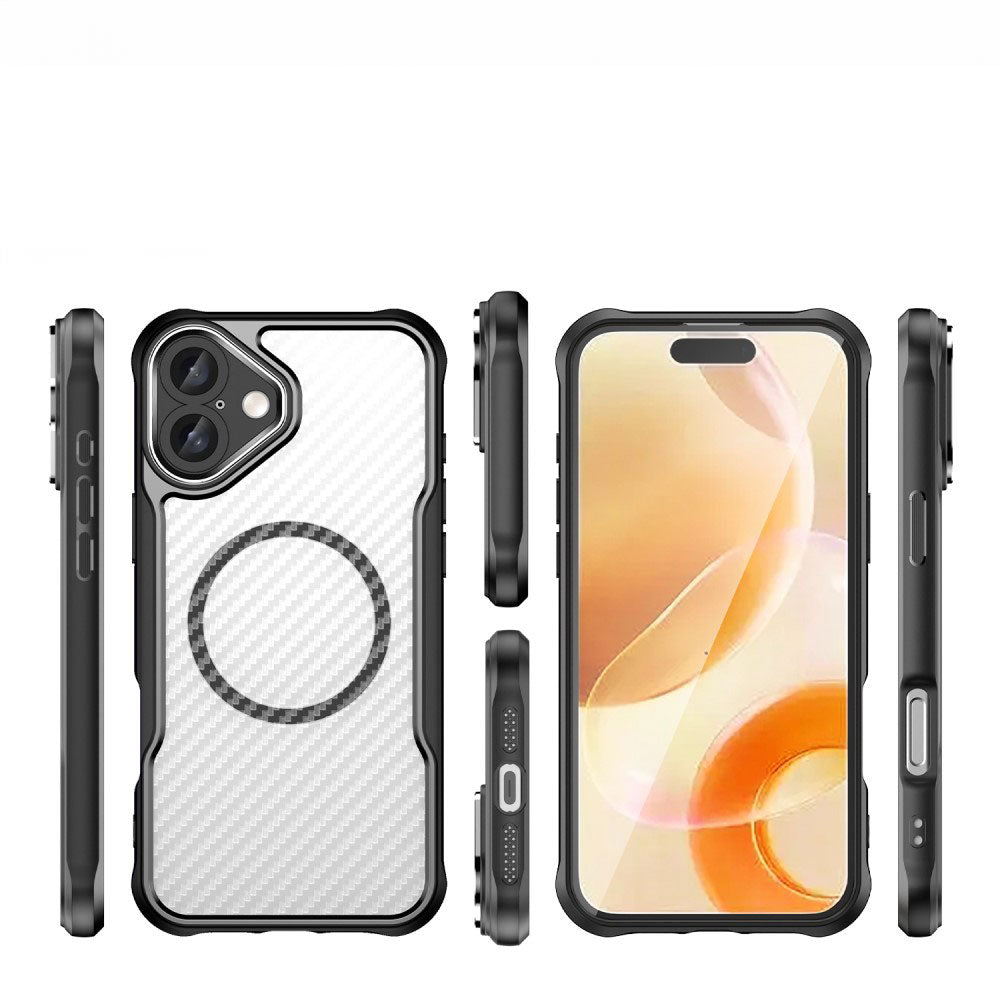 Силиконов, черен кейс - удароустойчив, карбон, с прозрачен гръб, MagSafe за iPhone 16 Plus