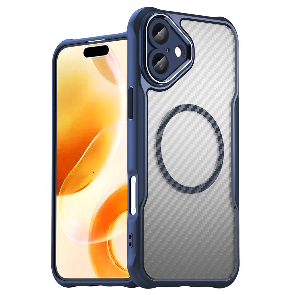 Силиконов, син кейс - удароустойчив, карбон, с прозрачен гръб, MagSafe за iPhone 16
