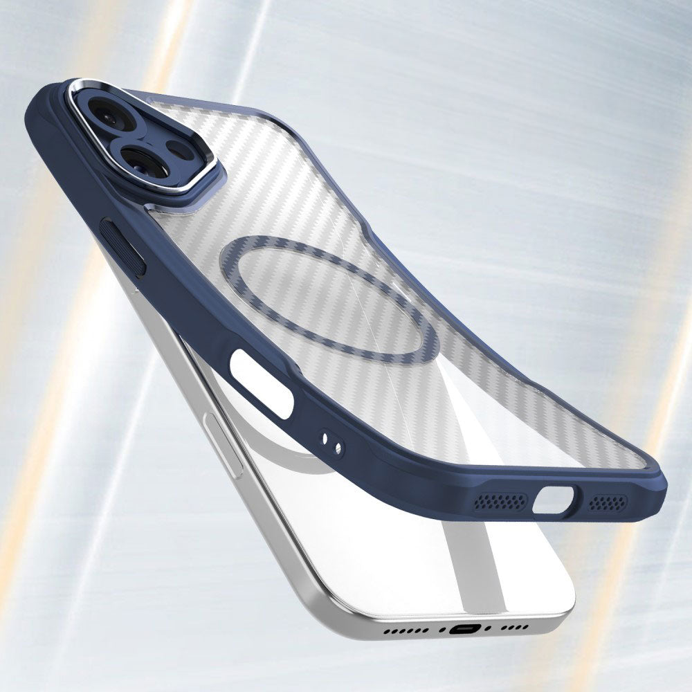 Силиконов, син кейс - удароустойчив, карбон, с прозрачен гръб, MagSafe за iPhone 16