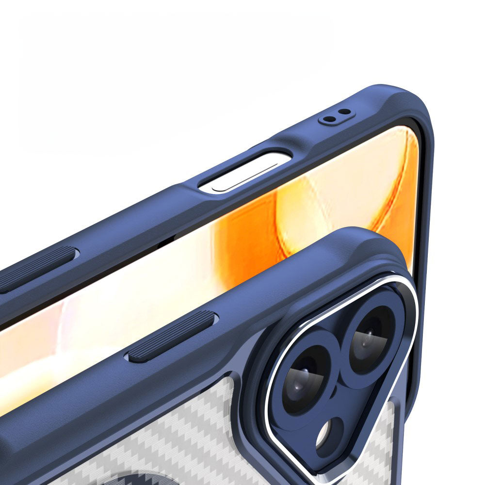 Силиконов, син кейс - удароустойчив, карбон, с прозрачен гръб, MagSafe за iPhone 16
