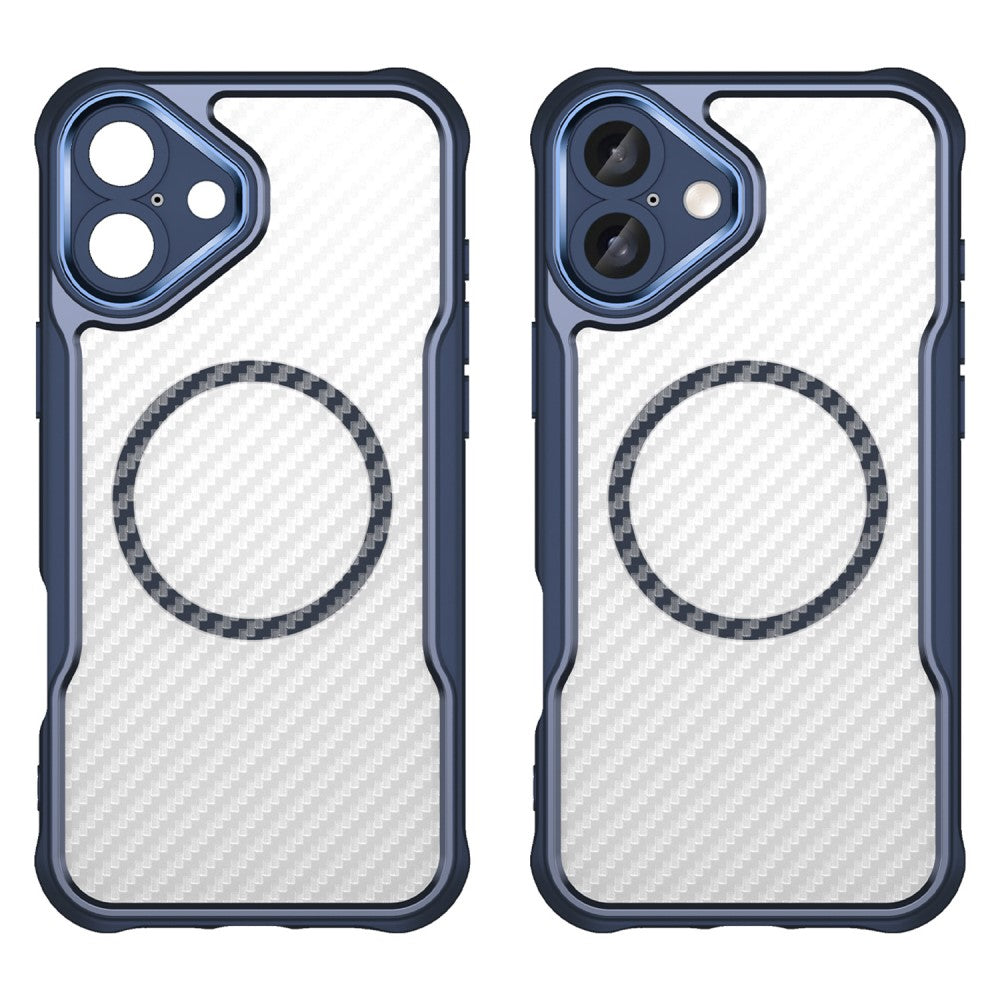 Силиконов, син кейс - удароустойчив, карбон, с прозрачен гръб, MagSafe за iPhone 16