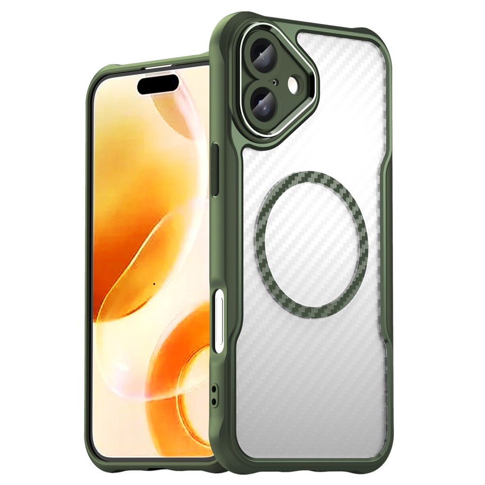 Силиконов, зелен кейс - удароустойчив, карбон, с прозрачен гръб, MagSafe за iPhone 16