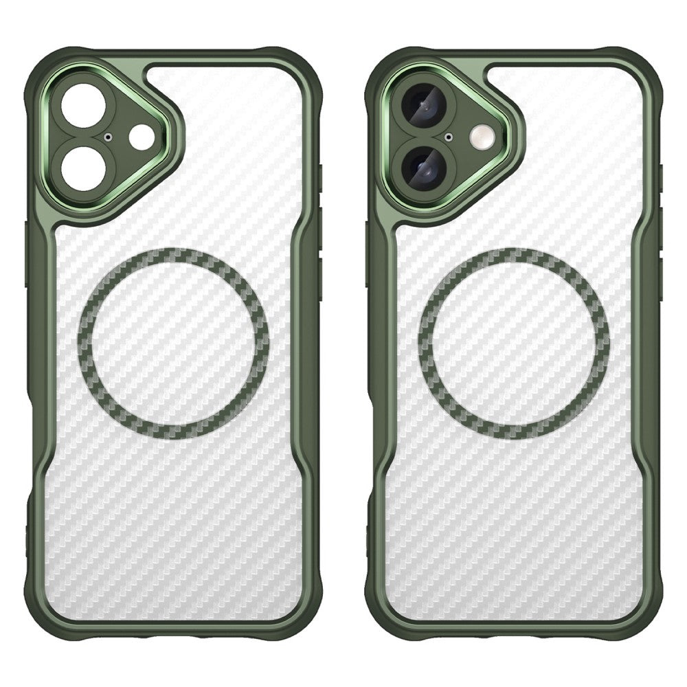 Силиконов, зелен кейс - удароустойчив, карбон, с прозрачен гръб, MagSafe за iPhone 16