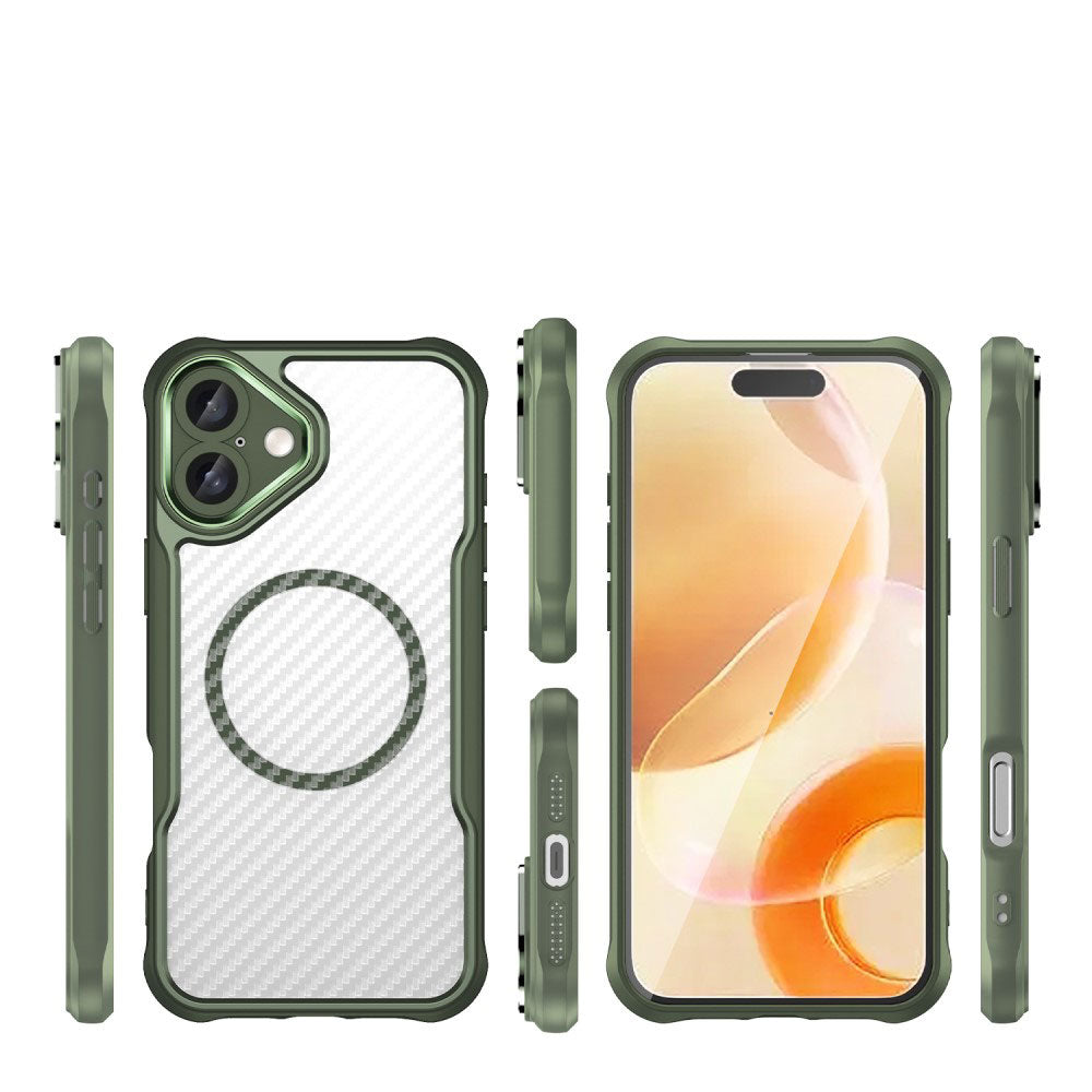 Силиконов, зелен кейс - удароустойчив, карбон, с прозрачен гръб, MagSafe за iPhone 16
