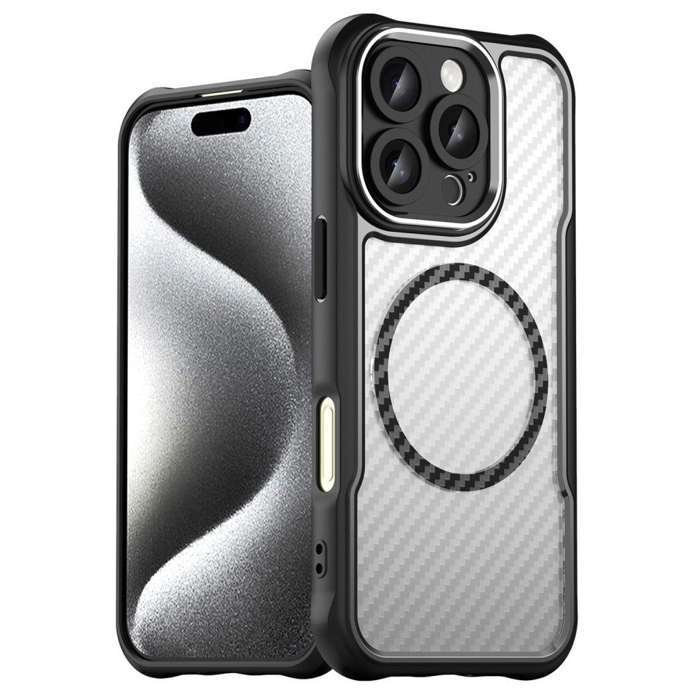 Силиконов, черен кейс - удароустойчив, карбон, с прозрачен гръб, MagSafe за iPhone 16 Pro