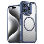 Силиконов, син кейс - удароустойчив, карбон, с прозрачен гръб, MagSafe за iPhone 16 Pro
