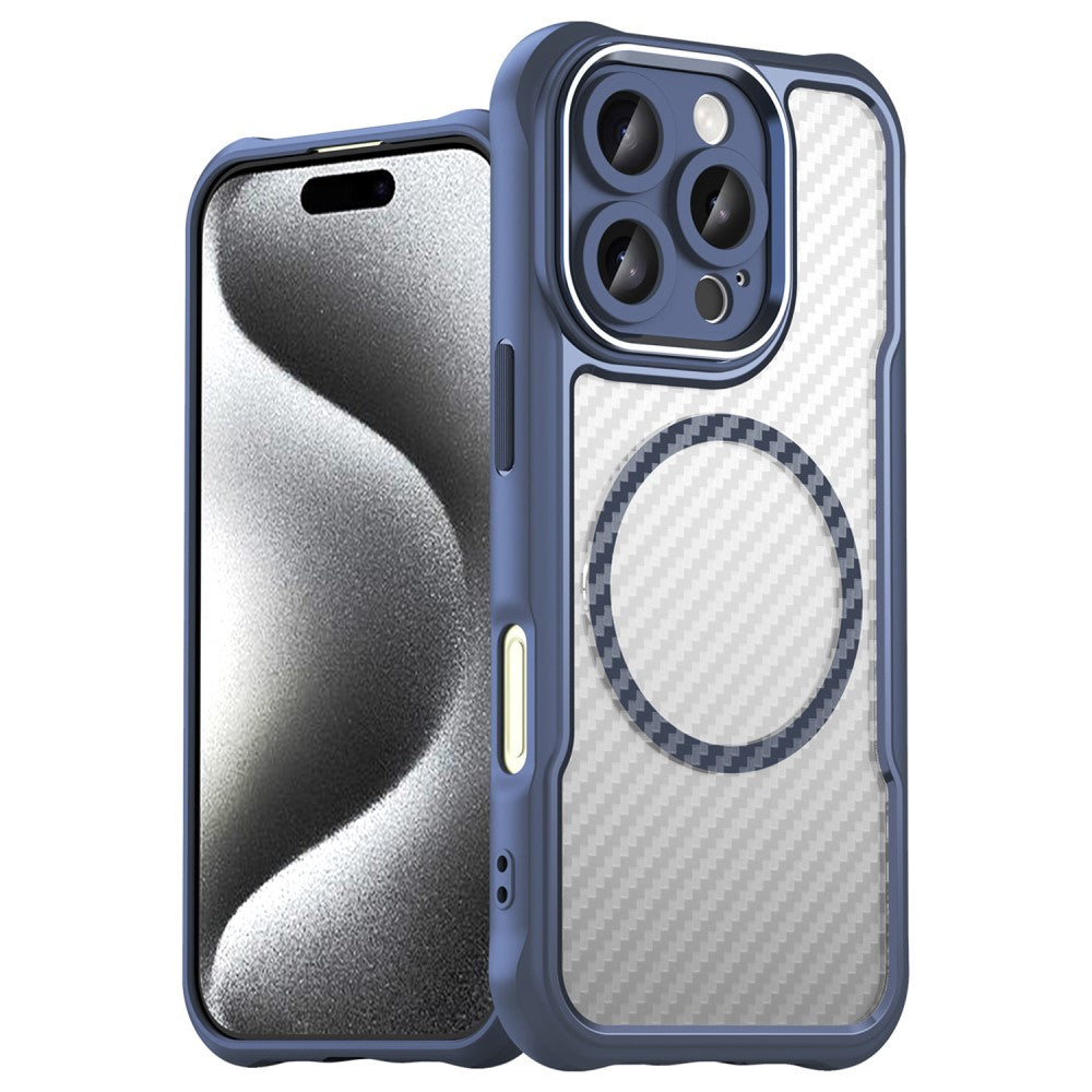 Силиконов, син кейс - удароустойчив, карбон, с прозрачен гръб, MagSafe за iPhone 16 Pro