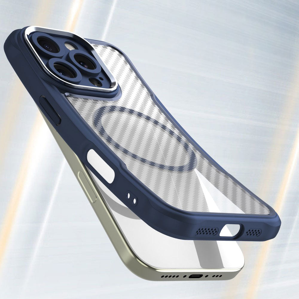 Силиконов, син кейс - удароустойчив, карбон, с прозрачен гръб, MagSafe за iPhone 16 Pro