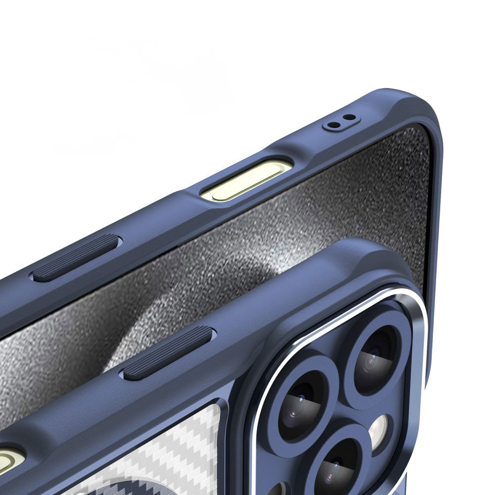 Силиконов, син кейс - удароустойчив, карбон, с прозрачен гръб, MagSafe за iPhone 16 Pro