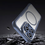 Силиконов, син кейс - удароустойчив, карбон, с прозрачен гръб, MagSafe за iPhone 16 Pro