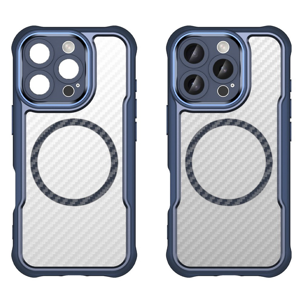 Силиконов, син кейс - удароустойчив, карбон, с прозрачен гръб, MagSafe за iPhone 16 Pro