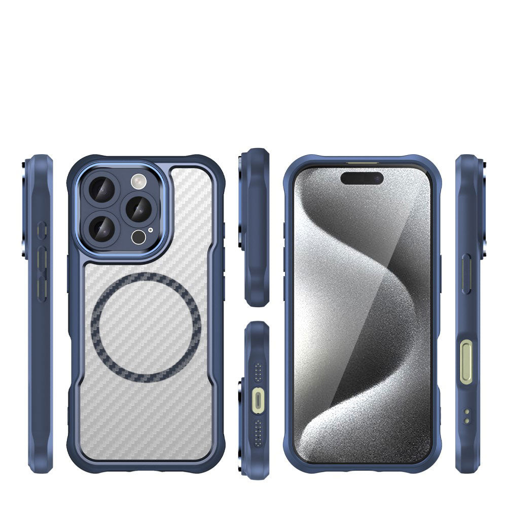Силиконов, син кейс - удароустойчив, карбон, с прозрачен гръб, MagSafe за iPhone 16 Pro
