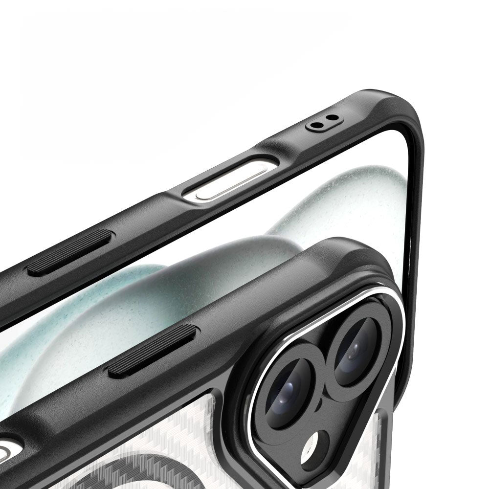 Силиконов, черен кейс - удароустойчив, карбон, с прозрачен гръб, MagSafe за iPhone 16