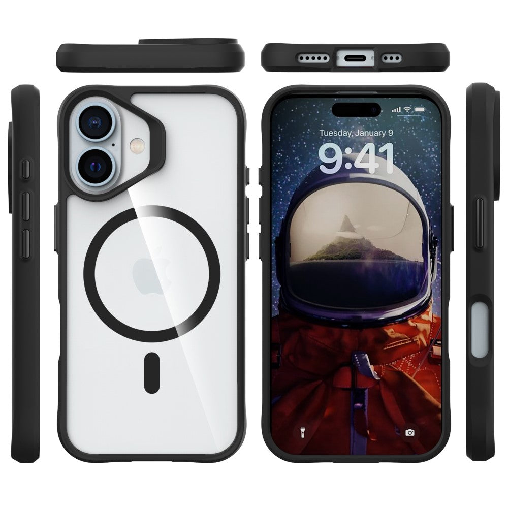 Силиконов, черен кейс - удароустойчив, с прозрачен гръб, MagSafe за iPhone 16