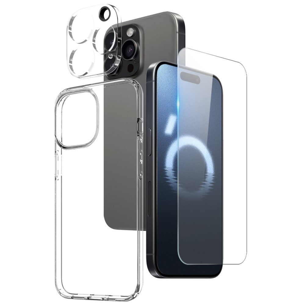Комплект 3 в 1 - тънък кейс, стъклен протектор за дисплей и за камера за iPhone 16 Pro