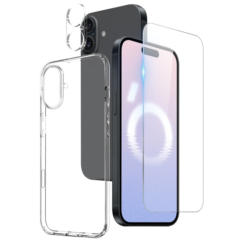Комплект 3 в 1 - тънък кейс, стъклен протектор за дисплей и за камера за iPhone 16