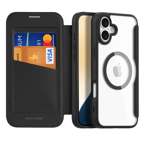 Кожен, черен калъф - преден капак, с прозрачен гръб, MagSafe за iPhone 16 Plus