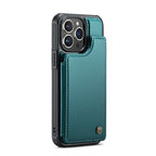 Кожен, зелен кейс - портмоне за iPhone 16 Pro