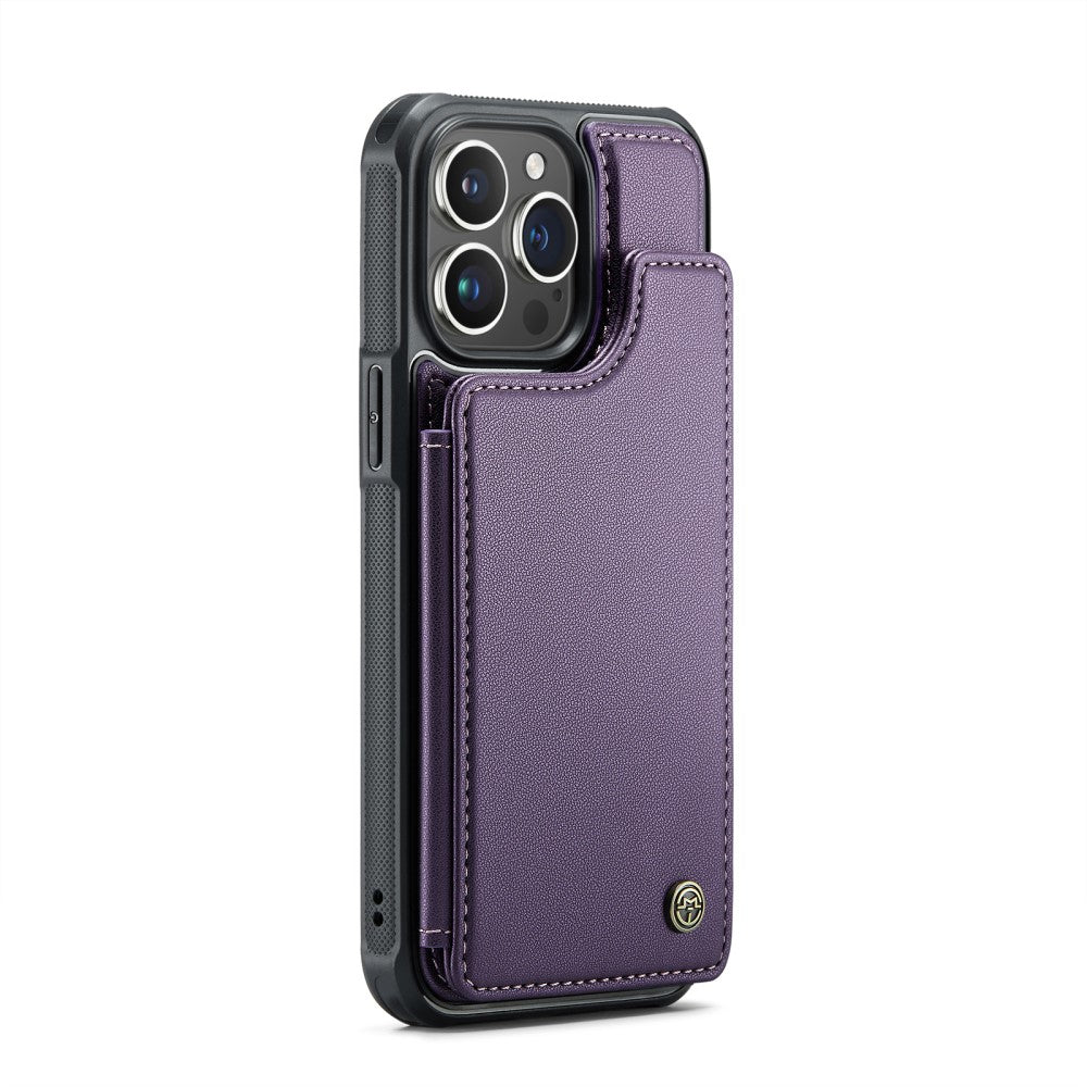 Кожен, лилав кейс - портмоне за iPhone 16 Pro
