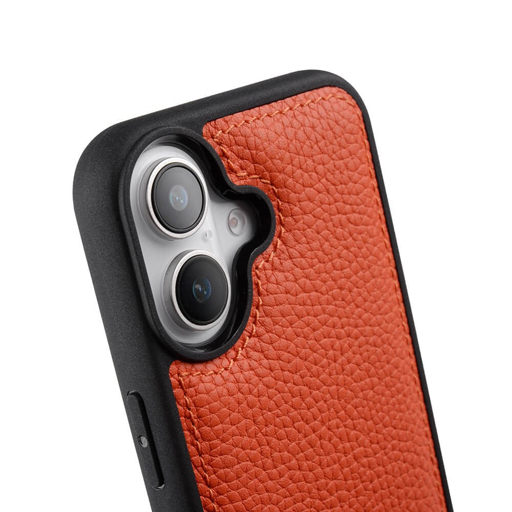 Силиконов, оранжев кейс - гръб от естествена кожа за iPhone 16