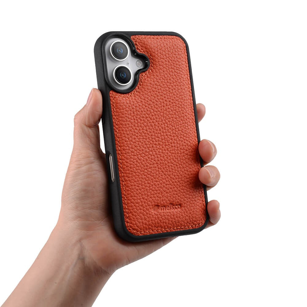 Силиконов, оранжев кейс - гръб от естествена кожа за iPhone 16