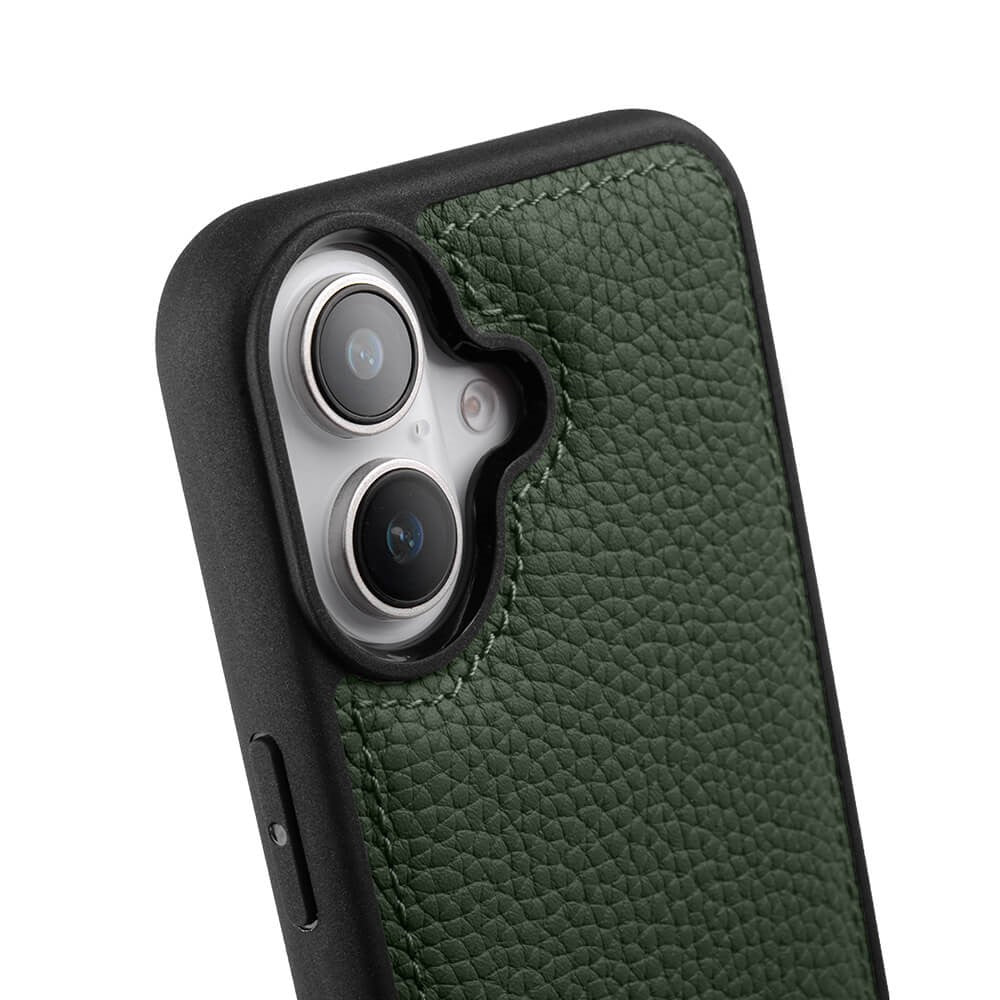 Силиконов, зелен кейс - гръб от естествена кожа за iPhone 16