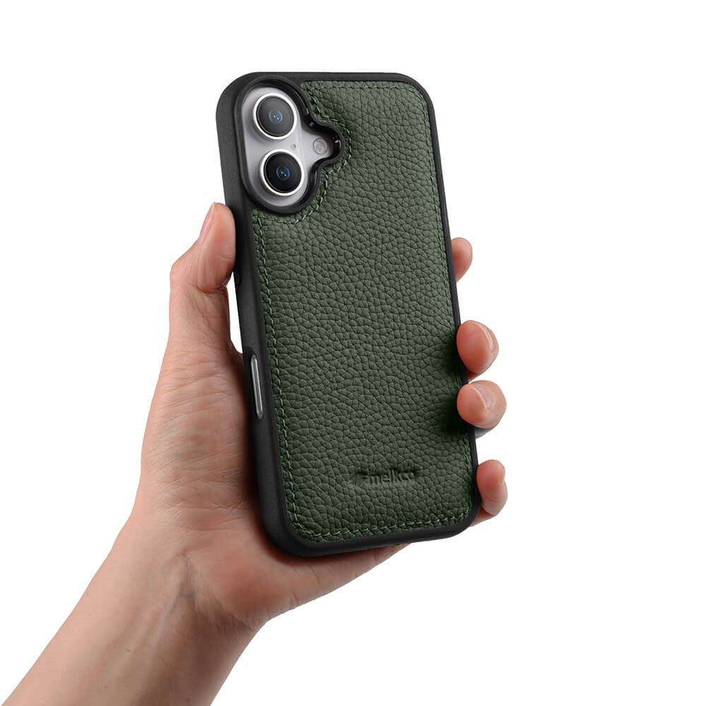Силиконов, зелен кейс - гръб от естествена кожа за iPhone 16