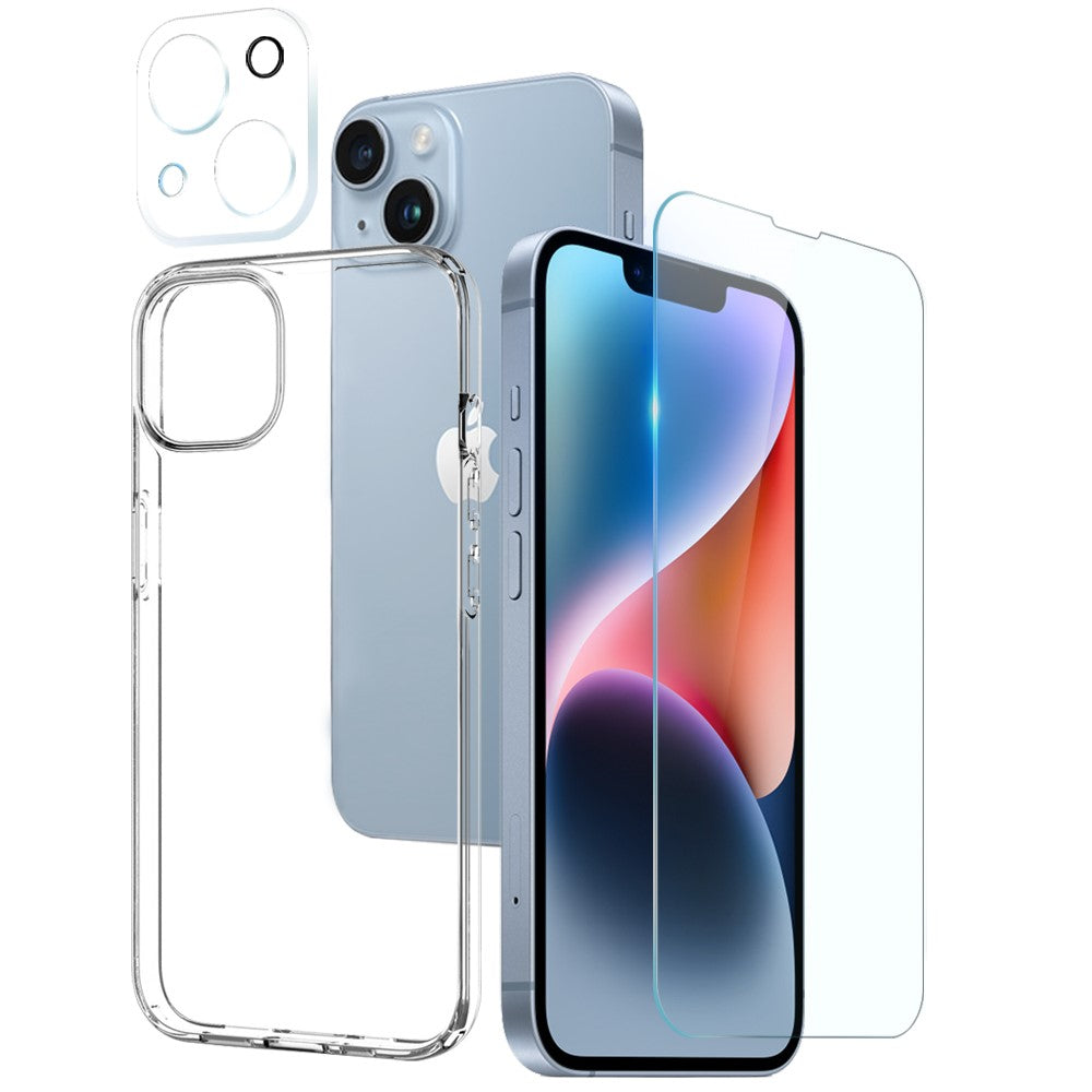 Комплект 3 в 1 - тънък кейс, стъклен протектор за дисплей и за камера за iPhone 14