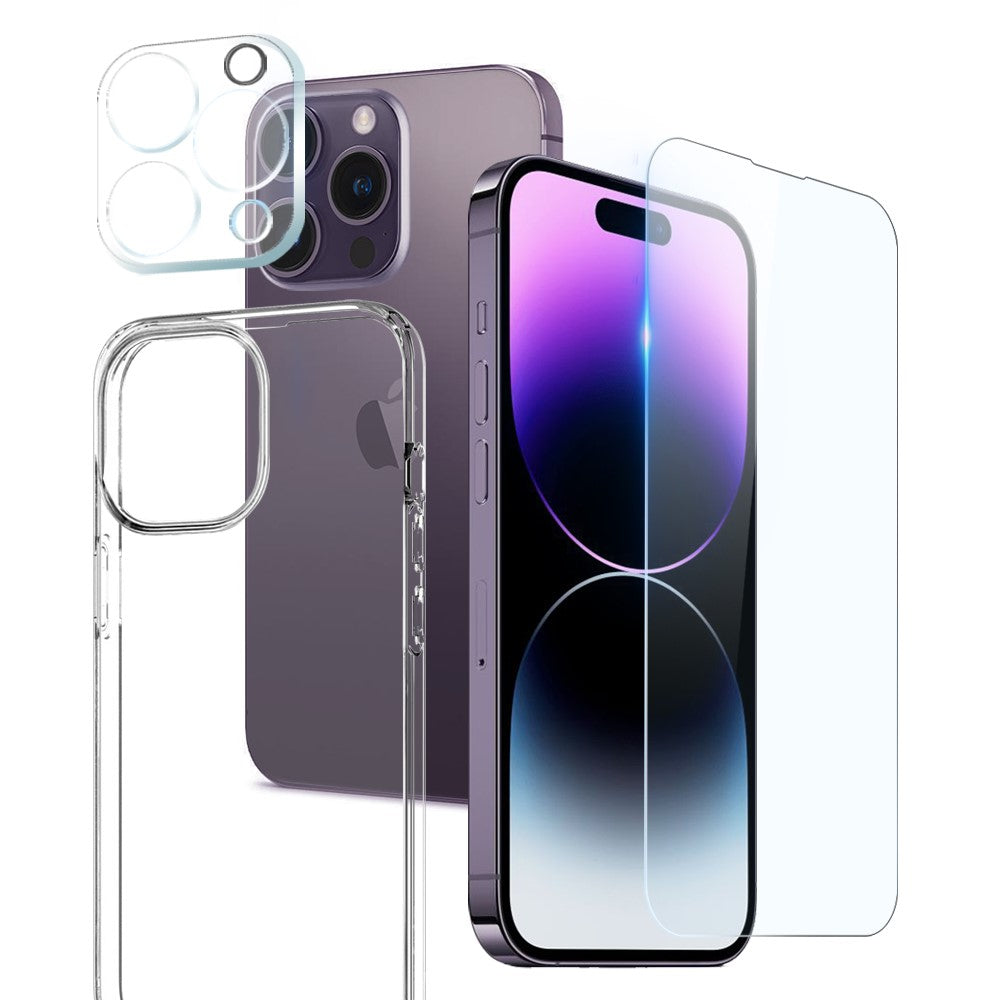 Комплект 3 в 1 - тънък кейс, стъклен протектор за дисплей и за камера за iPhone 14 Pro