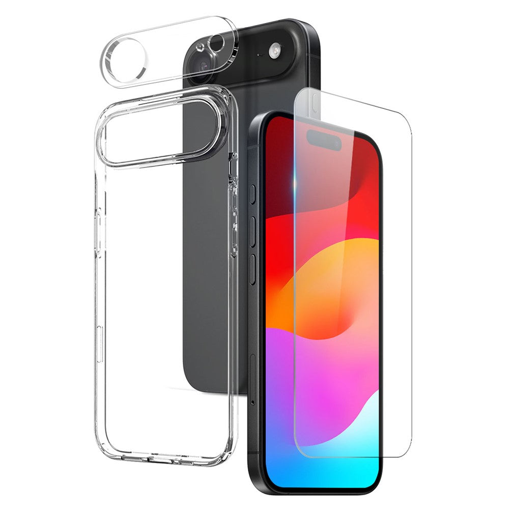 Комплект 3 в 1 за iPhone 17 Air - тънък кейс, стъклен протектор за дисплей и за камера