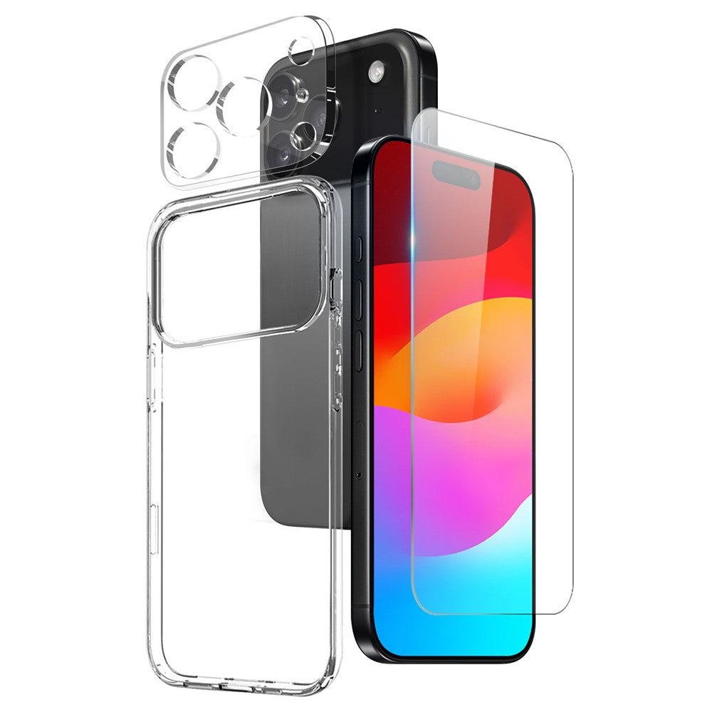 Комплект 3 в 1 за iPhone 17 Pro Max - тънък кейс, стъклен протектор за дисплей и за камера