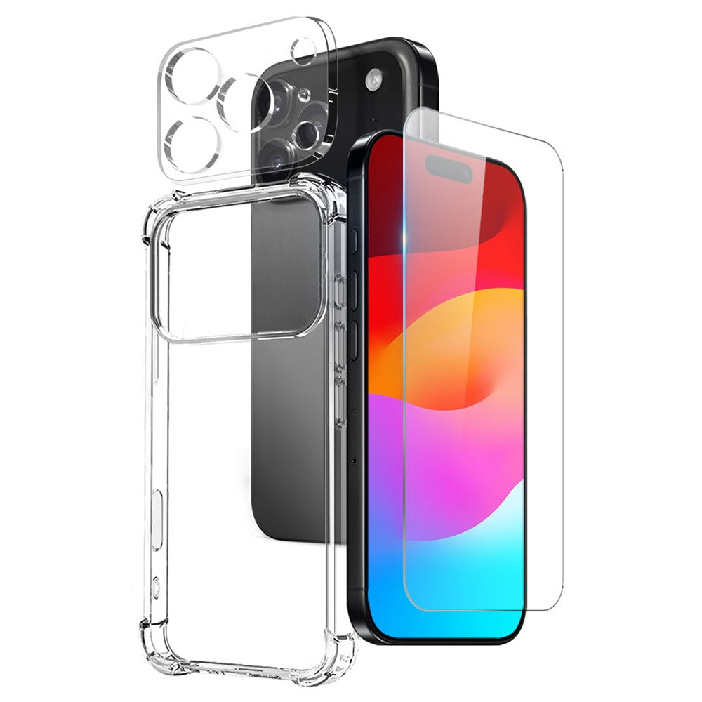 Комплект 3 в 1 за iPhone 17 Pro Max - удароустойчив кейс, стъклен протектор за дисплей и за камера