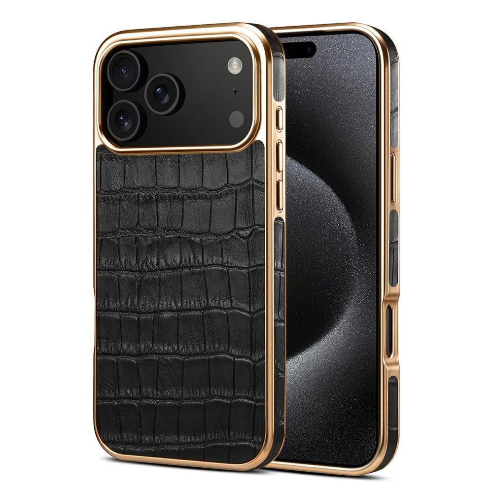 Силиконов, черен кейс за iPhone 17 Pro Max - гръб от естествена кожа, поддържа MagSafe