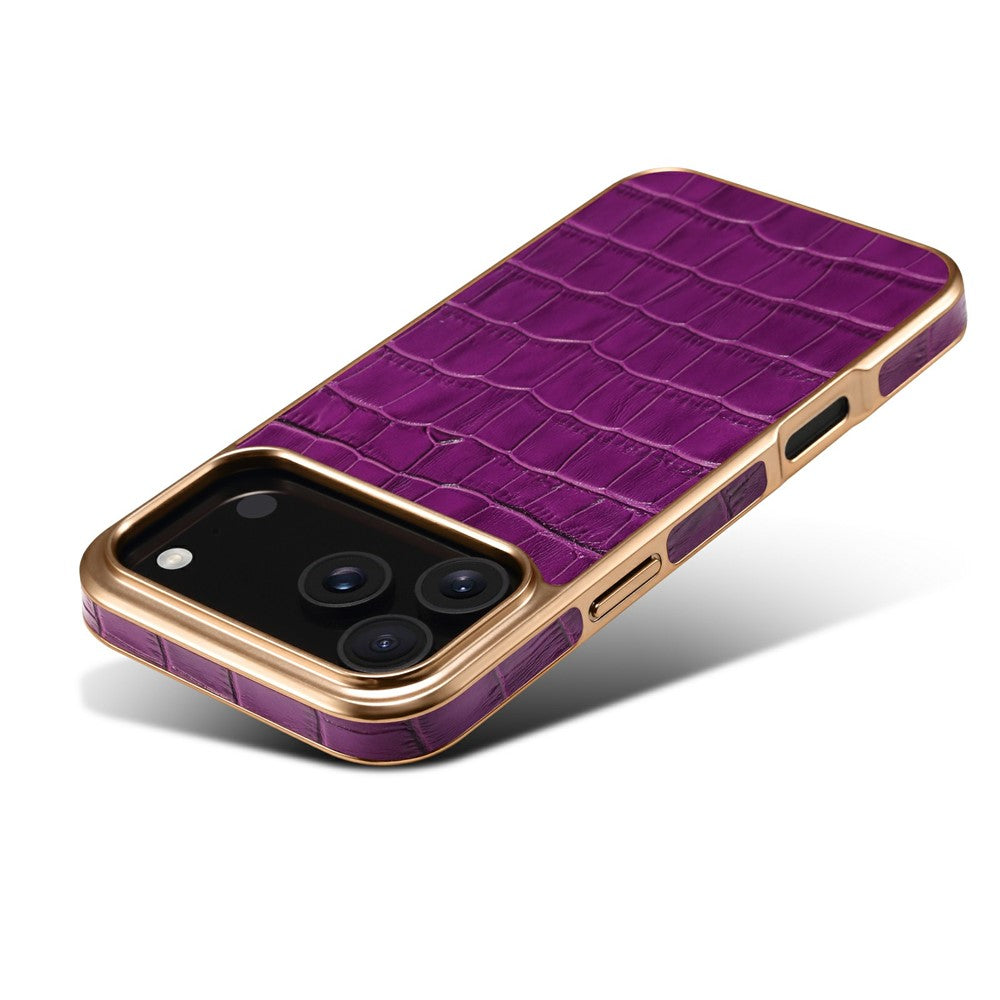 Силиконов, лилав кейс за iPhone 17 Pro Max - гръб от естествена кожа, поддържа MagSafe